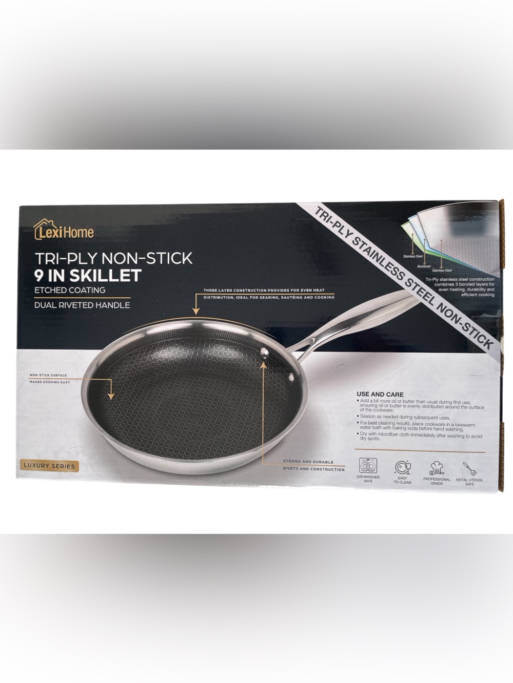 New NIB Tri-Ply Non-Stick Stainless Steel 9" Skillet by LexiHome